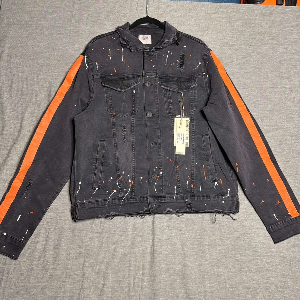 KDNK Mens Black Paint Splatter Distressed Denim Jacket Orange Stripe Large NWT